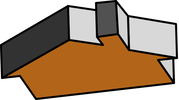 The image shows a black and white illustration of an abstract building with geometric shapes resembling furniture pieces like chairs and tables within it.
