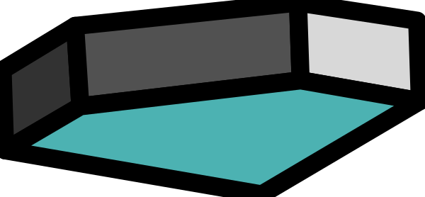 The image shows a black and white floor plan of an interior space with furniture arranged for viewing purposes; it includes seating areas on either side facing towards what appears to be a presentation area in front.