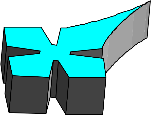 The image shows a black background with two stylized blue shapes resembling abstract representations of eyes on either side; in between them is an intricate design that appears to be made up of smaller geometric pieces, creating a three-dimensional effect similar to blocks or bricks stacked together.