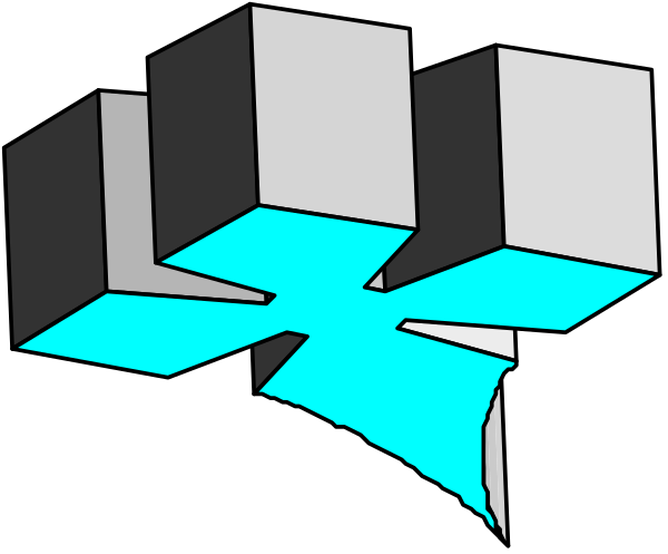 The image shows a black and white graphic of an abstract design with geometric shapes resembling blocks forming what appears to be a three-dimensional structure within which there is blue light emanating from one side towards another, creating a sense of depth and perspective in this two-tone artwork.