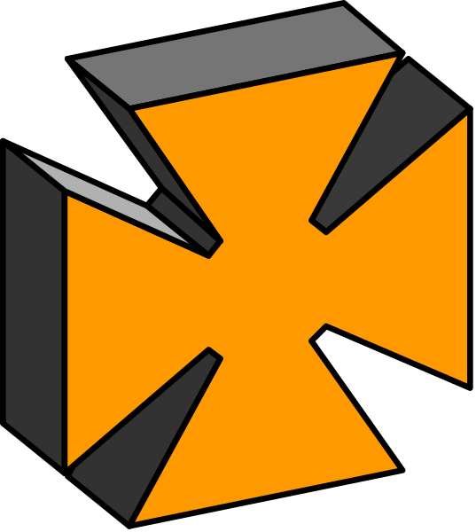 The image shows a stylized graphic of an orange cross with black outlines on what appears to be a dark background.
