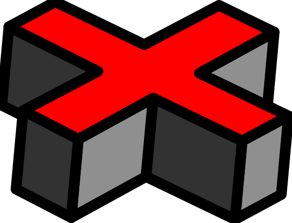 The image shows a pixelated logo with an X inside it on top of what appears to be a cube-like structure in red against a black background.