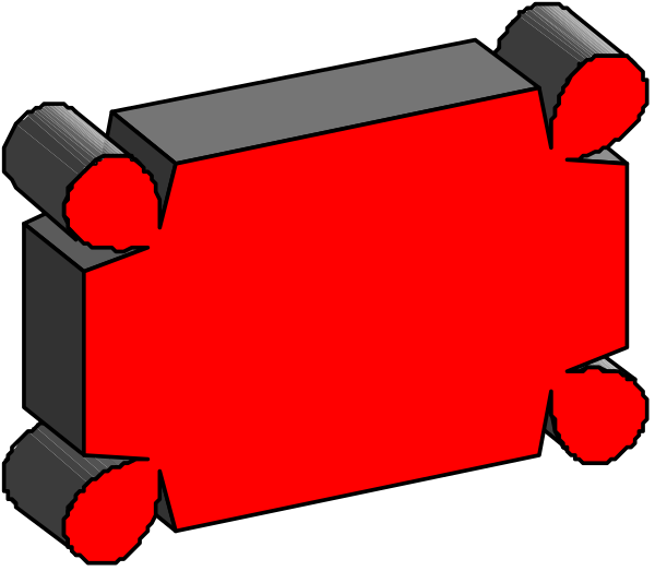 The image shows a red rectangular object with rounded corners on top of two black cylinders that have three small protrusions each at their ends; there is no text present in this clip-art illustration, and it appears to be an abstract representation rather than depicting any specific objects or actions.