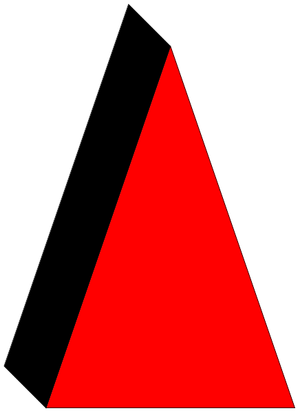 The image shows a red triangle on top of two black rectangles with white borders against a gray background.