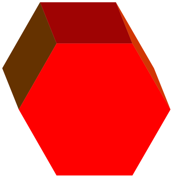 The image shows a red hexagon on top of an octagonal shape with two different shades of brown at its base against a black background; there is also another smaller version in white next to it.