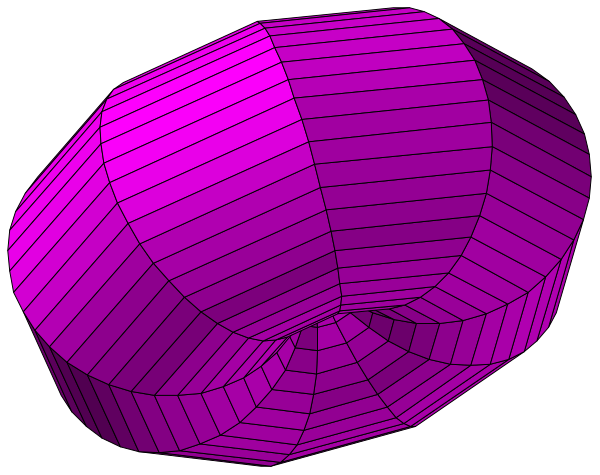 The image shows a purple wireframe model of an object that resembles a snail with two shells on either side against a black background.