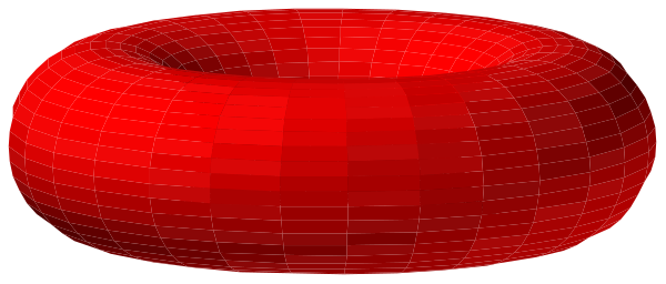 The image shows two red circles on a gray background with no other discernible details to provide information about any additional elements in this clip-art representation of an object.
