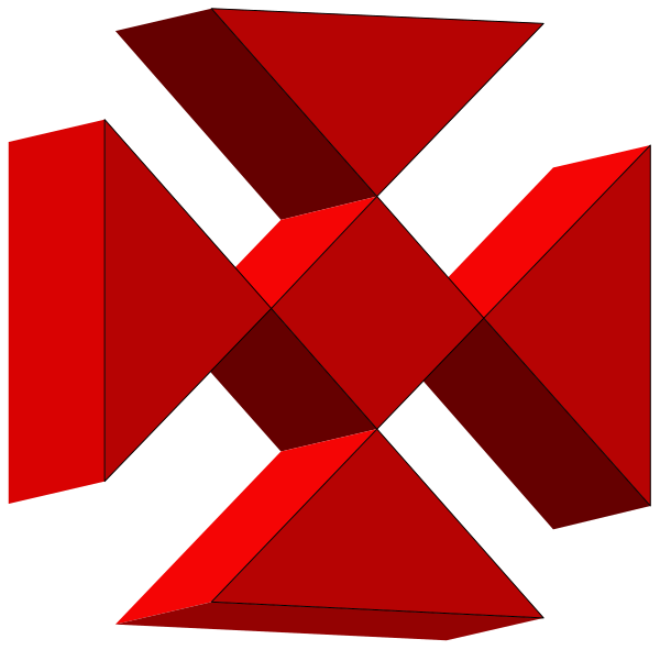 The image shows a red three-dimensional geometric shape resembling an abstract representation of a cross with four intersecting lines forming its structure against a black background.