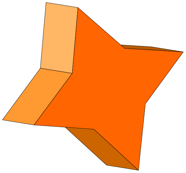 The image shows a simple geometric shape resembling an orange star with two smaller shapes on either side that appear to be triangles in white color against a black background.