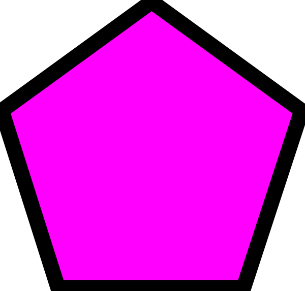 The image shows a pink hexagon with two smaller purple triangles on either side of it against a black background.