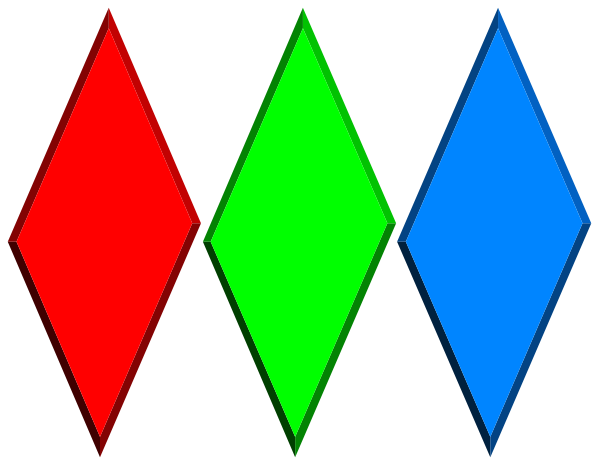 The image shows a sequence of six diamonds arranged vertically with alternating red and green fillings on each side.