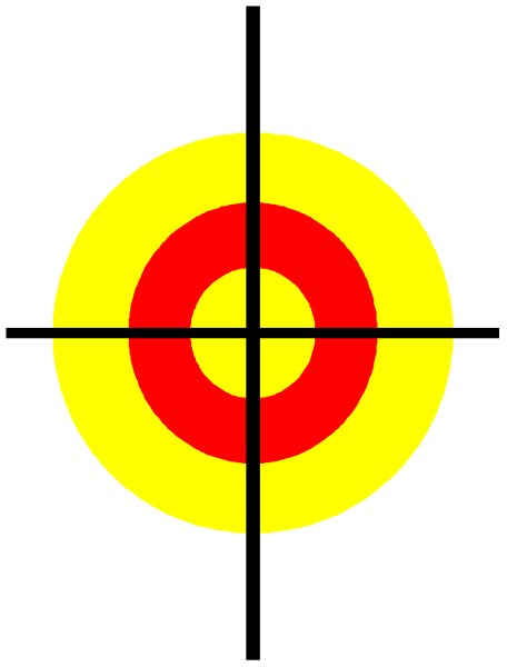 The image shows a bullseye target with concentric circles of red to yellow hues against an overlaid black background; it is superimposed on what appears to be a photographic negative due to its reversed orientation, which includes text and numbers that read "10" in the upper right corner.