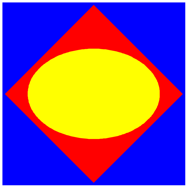 The image shows two distinct shapes: a red diamond with an orange circle inside it on top left corner of picture; bottom right corner has blue square shape containing yellow oval in center surrounded by four smaller squares, each one is half-filled and connected to form larger rectangle.
