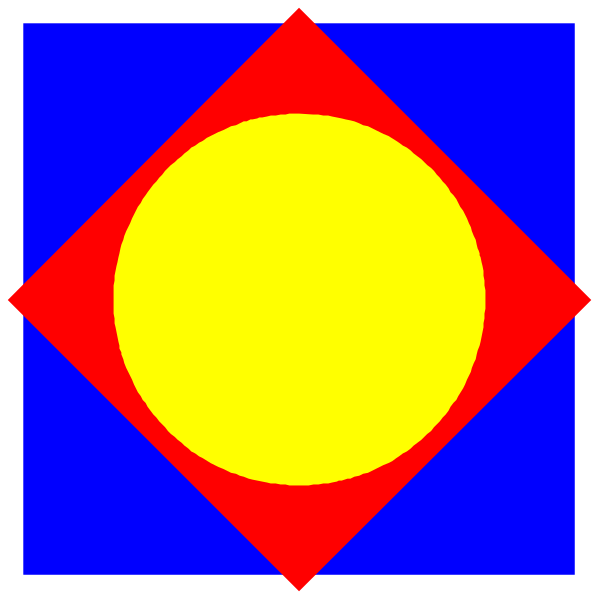The image shows a stylized graphic of two overlapping diamonds with red borders containing blue interiors; within each diamond is an orange circle that resembles a sunburst pattern radiating from its center, and there's also another smaller yellow-orange shape inside the larger one.
