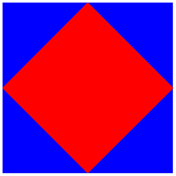 The image shows two red diamonds on a blue background with white borders.