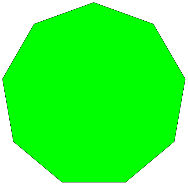 The image shows a green hexagon with two smaller circles inside it against an otherwise black background.