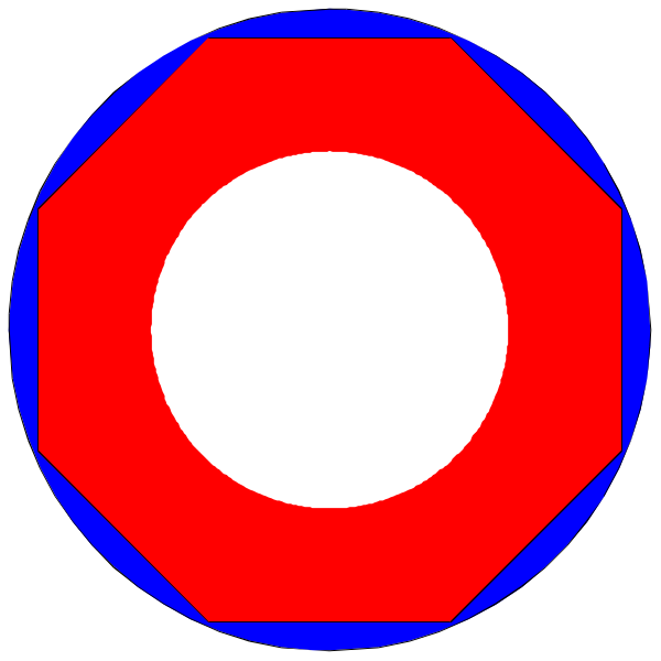 The image shows a red circle with two blue diamonds on either side of it against a black background.