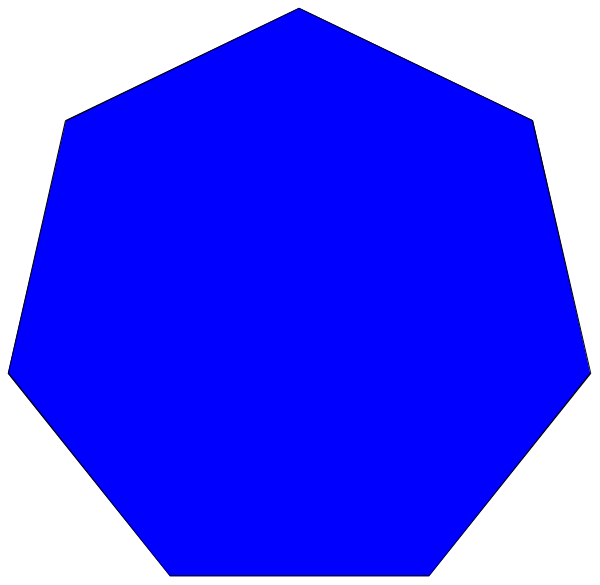 The image shows a blue hexagon with two smaller triangles on either side of it against a black background.