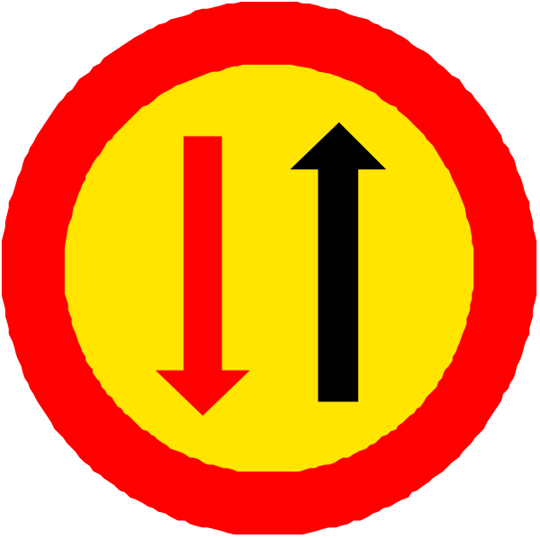 The image shows a red circle with two black arrows pointing upwards inside it on top of an arrow that points downward in front of another upward-pointing yellow arrow below them all.