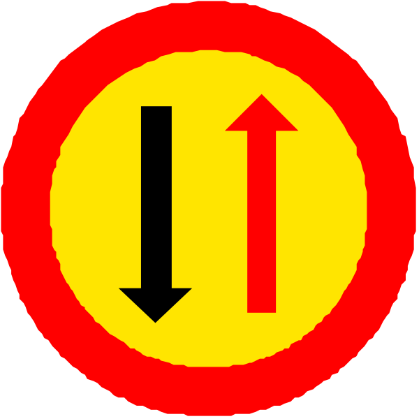 The image shows a red circular sign with an arrow pointing downwards inside it on top of another similar yellow circle that has two arrows forming an infinity symbol around them; both signs have black borders.