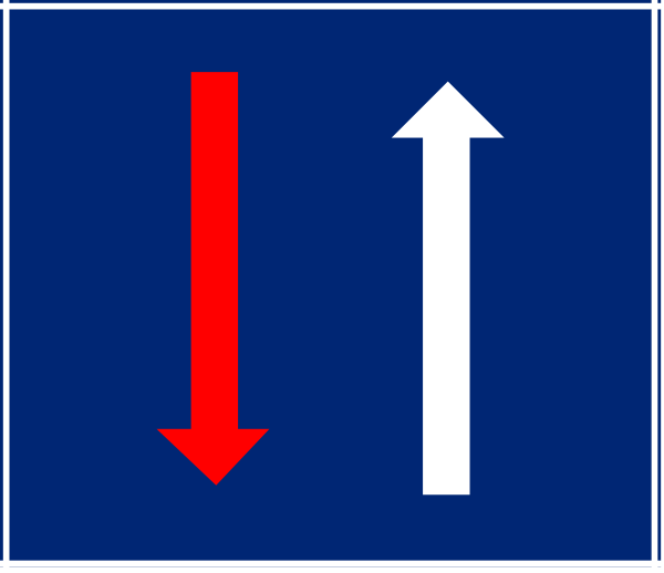 The image shows a blue sign with an arrow pointing downwards to indicate directional guidance for travelers at an airport gateway area.