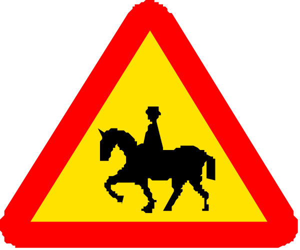 The image shows a trio of traffic signs with different symbols: on top is an equestrian figure riding a horse; in the middle features two horses galloping side by side; at bottom displays three people standing and one person sitting, all under a red triangle signifying caution or warning.