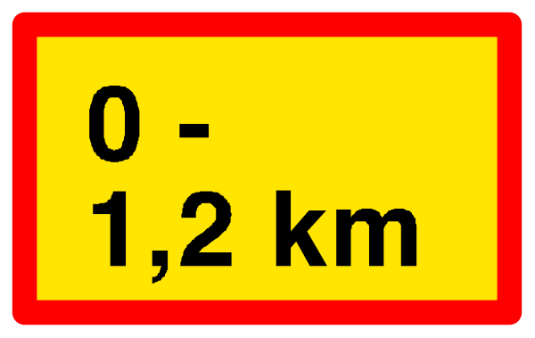 The image shows a red sign with white text indicating "0 km" to 12 kilometers on an unseen roadway. There is also another yellow rectangle below it that says "-1:37." This suggests some sort of time-related information, possibly related to speed or distance traveled in one hour and thirty seven minutes at a rate of -1 kilometer per minute (negative sign indicating the direction).