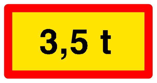 The image shows a red warning sign with white text indicating "350 kg" of weight limit on an object that is 1 meter long by 2 meters wide in size. There's also another smaller yellow and black label below it, but its contents aren't clearly visible due to the resolution or angle from which this image was taken. The setting appears to be a loading dock area with various items stacked up against each other on pallets behind the signage.