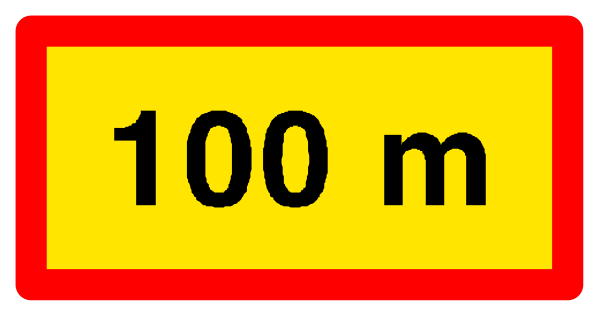 The image shows a sign with two numbers: "100" on top of it indicating distance (in meters) to an object labeled as 100m away from something else that is out of frame, and below this number there's another label reading "100 m," which seems like the actual measurement. The background appears plain with no additional context provided about what or where these numbers refer to in relation to each other. There are also two red rectangles on either side of a yellow rectangle that contains black text, but their purpose is unclear from this image alone.