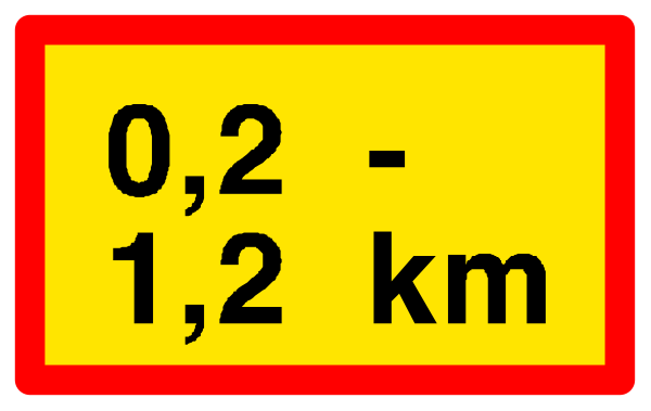 The image shows a sign with text indicating speed limits: "0 km/h" at top left corner; 2nd lane from right side of road is marked as '1' in red color on yellow background, and there is another marking for distance to next town or city which reads "1.2 Km." The image has a plain white backdrop with the sign centered against it. There are no other objects, people, animals, actions, or setting visible within this small clip-art image.