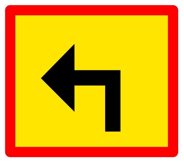 The image shows a red arrow pointing to an orange sign with white text that says "YIELD" on it next to another yellow traffic sign indicating left turn only.