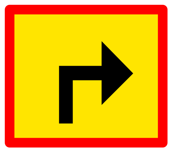 The image shows a red arrow pointing to an orange sign with white text that reads "YIELD" on top of it and has two arrows underneath indicating different directions; one is straight ahead labeled as 'STRAIGHT' in black, while the other points leftward labeled as 'LEFT TURN'.