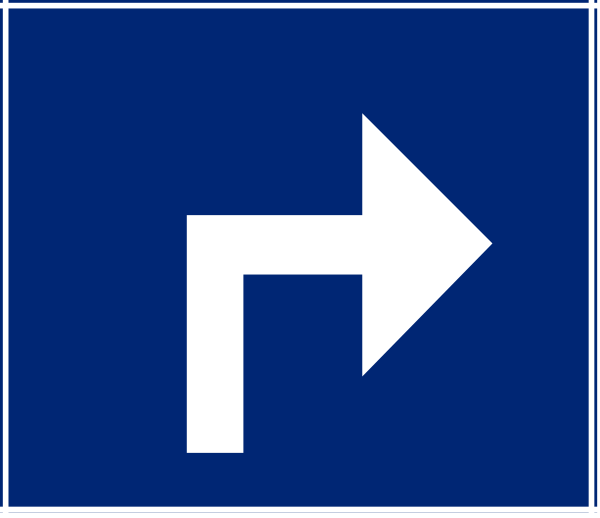 The image shows a blue sign with an arrow pointing to its right side indicating directionality.