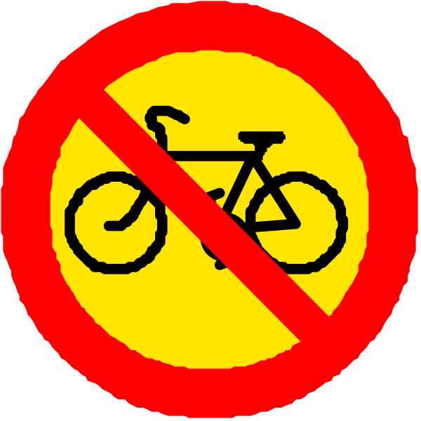 The image shows a red circle with three signs inside it: on top left is an icon of a bicycle crossed out by a diagonal line; in the center bottom right corner there's another sign indicating no bikes allowed, and at the very bottom left side, there's one more prohibiting all vehicles.