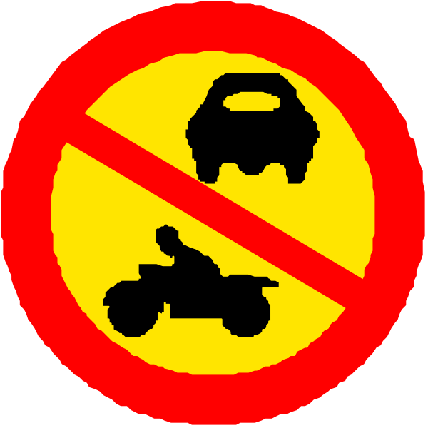 The image shows a red circle with three white signs inside it: two prohibition symbols (one for no cars allowed) on top of each other; an illustration below them depicting a person riding a motorcycle and another symbol indicating that all-terrain vehicles, such as the one shown in front of the sign, are also not permitted.