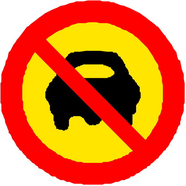 The image shows a red circle with three signs inside it: on top left is an icon of a car; bottom right has two crossed-out symbols resembling parking meters; in between these icons there's another sign that looks like a steering wheel, indicating no driving or vehicles allowed. There are also some text elements present but they seem to be part of the signs themselves and not additional information about the image itself. The background is plain black with white borders around each icon within the red circle. This appears to be an illustration rather than a photographic representation.