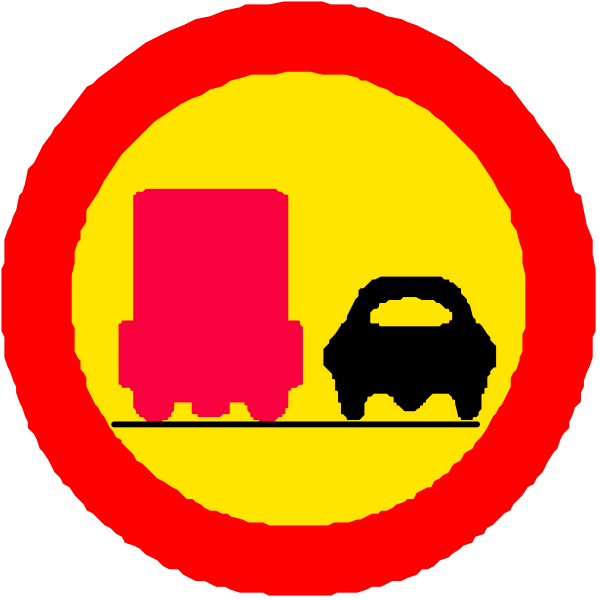 The image shows a red circle with three white symbols inside: two signs indicating no parking (one on each side of an arrow pointing to traffic), one sign showing cars parked next to trucks in front of them, all set against a black background.