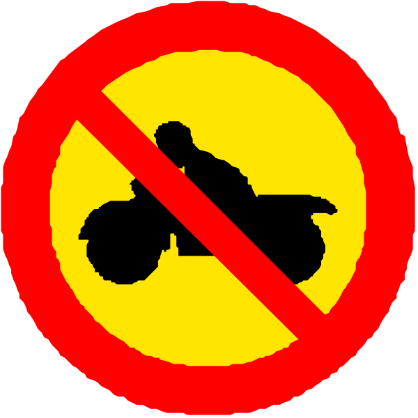 The image shows a red circle with three white signs inside it against an unidentified background: 1) A sign indicating no motorcycles; 2) An icon of a person riding on a scooter, and 3) Another prohibition symbol for all-terrain vehicles (atvs). There is also text that reads "NO MOTORCYCLES" in the center. The style appears to be informational or instructional signage commonly used at restricted areas where certain types of motorized transportation are not allowed, such as parks and nature reserves.