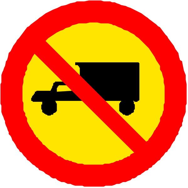 The image shows a red circle with three signs inside it: on top left is an icon of a truck; bottom right has two icons - one depicts a car driving through what appears to be water (likely indicating flooding), and another sign indicates no trucks allowed, showing a picture of the same type of vehicle. The background behind these circular images seems plain white or light grey without any additional context provided by this image alone. There are also two red lines crossing over each other in an 'X' shape on top left corner which might be part of some sort of symbolic representation but their