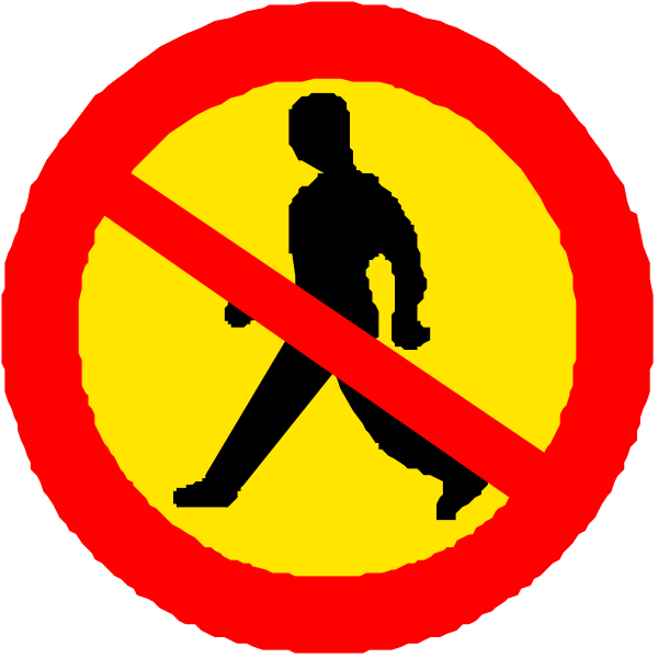 The image shows a red circle with two signs inside it: on top left is an icon of a person walking, indicating no pedestrians allowed; below that sign to its right is another circular symbol denoting prohibition against crossing in both directions.