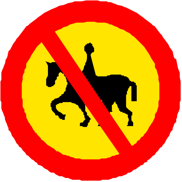 The image shows a red circle with three signs inside it: on top left is an icon of a person riding a horse; in the center bottom right corner there's another sign that says "no"; at the very bottom, to the far right and outside the circle, there are two more icons. One depicts a man holding his head up with both hands while looking downward as if he is being held back or restrained by an unseen force; next to it on its left side is another icon of a horse galloping forward without rider. The background behind the circle and
