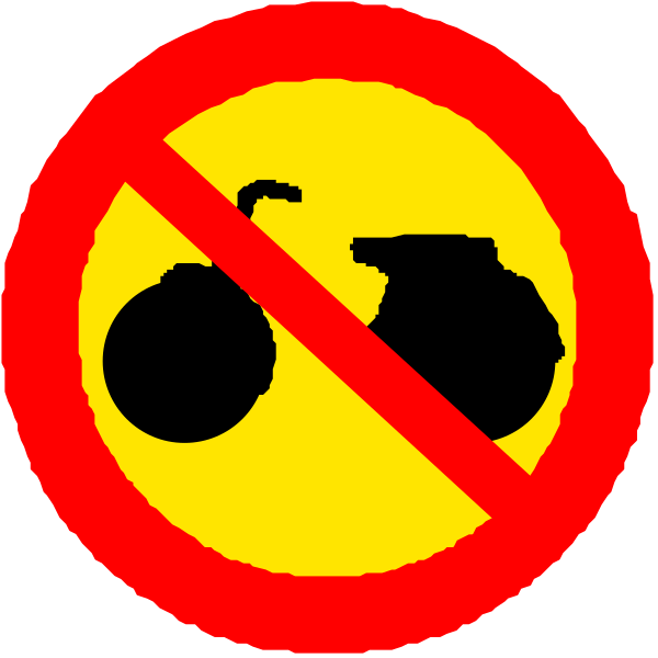 The image shows a red circle with three signs inside it: on top left is an icon of a bomb; bottom right features two crossed-out symbols resembling bombs overlaid images of what appear to be explosives, one being black and white and another in color; at the center there's a sign indicating prohibition against weapons or ammunitions.