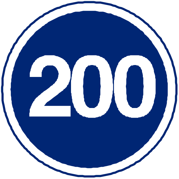 The image shows a blue circular sign with white text that reads "200" on it.