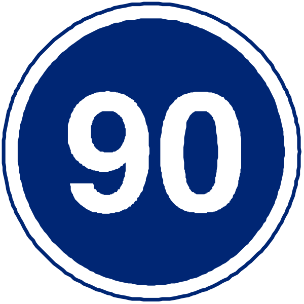 The image shows two blue circular signs with white numbers on them; each sign has a number "90" at its center surrounded by an outer circle that reads "100."