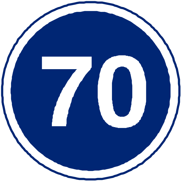 The image shows two blue circular signs with white numbers indicating speed limits: 70 on top left sign and 60 on bottom right sign. There is no text other than these numbered indicators of a highway's maximum allowed speeds for vehicles in that direction or lane. No people, animals, actions are depicted; the setting appears to be an abstract representation of road signs without any specific location details visible within this image.