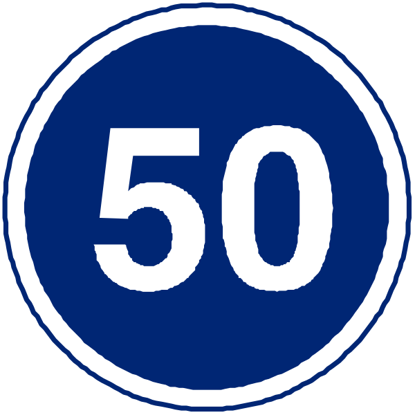 The image shows two blue circular signs with white numbers on them; each sign has a number "50" inside it.