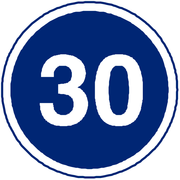 The image shows two blue circular signs with white numbers on them; each sign has a number "30" at its center.