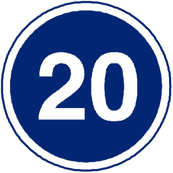The image shows two blue circular signs with white numbers indicating "20" on each sign against a black background.