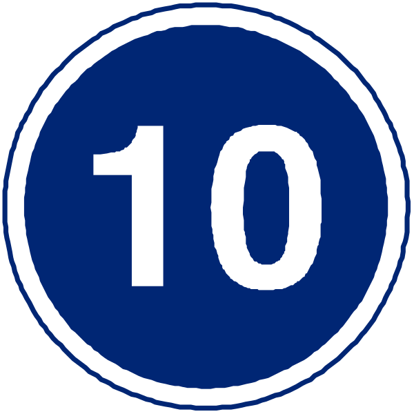 The image shows two blue circular signs with a white number "10" on each sign against a dark background.