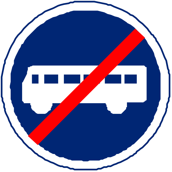 The image shows a blue circular sign with white text indicating "No Buses" on it next to an icon of a bus in red circle inside another larger blue circle that has a line through it.